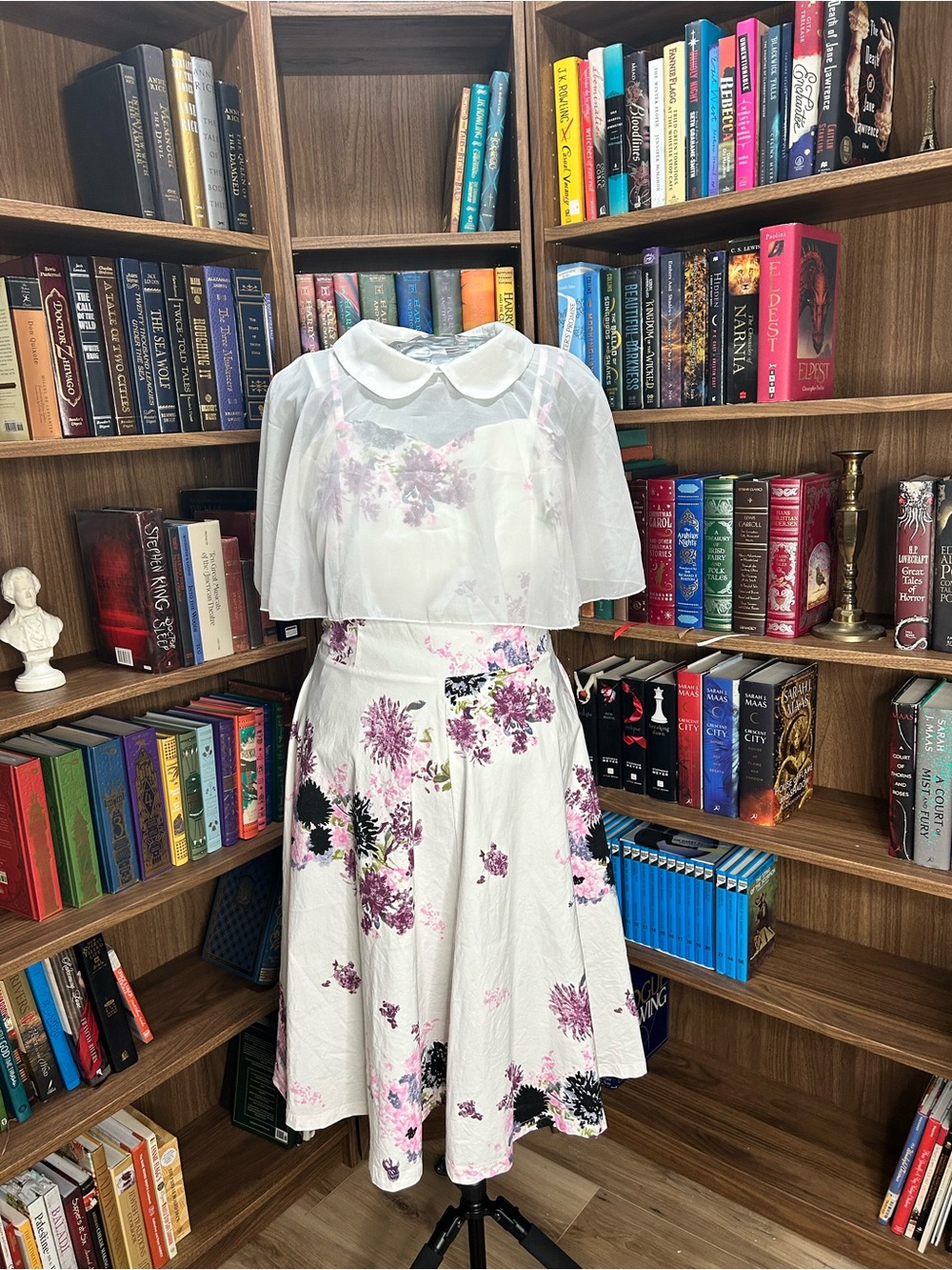 White Floral Fit-and-Flare Dress with Sheer Capelet